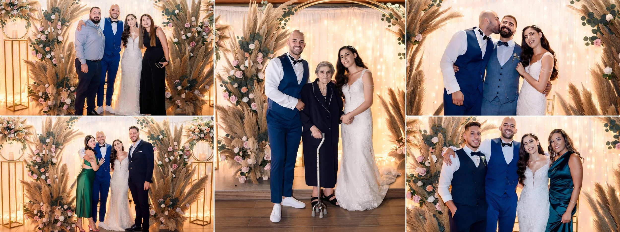 A collage of five images from a wedding celebration. The photos feature a bride and groom dressed in wedding attire, posing with family and friends in front of a decorated backdrop with flowers and pampas grass, illuminated with warm string lights.