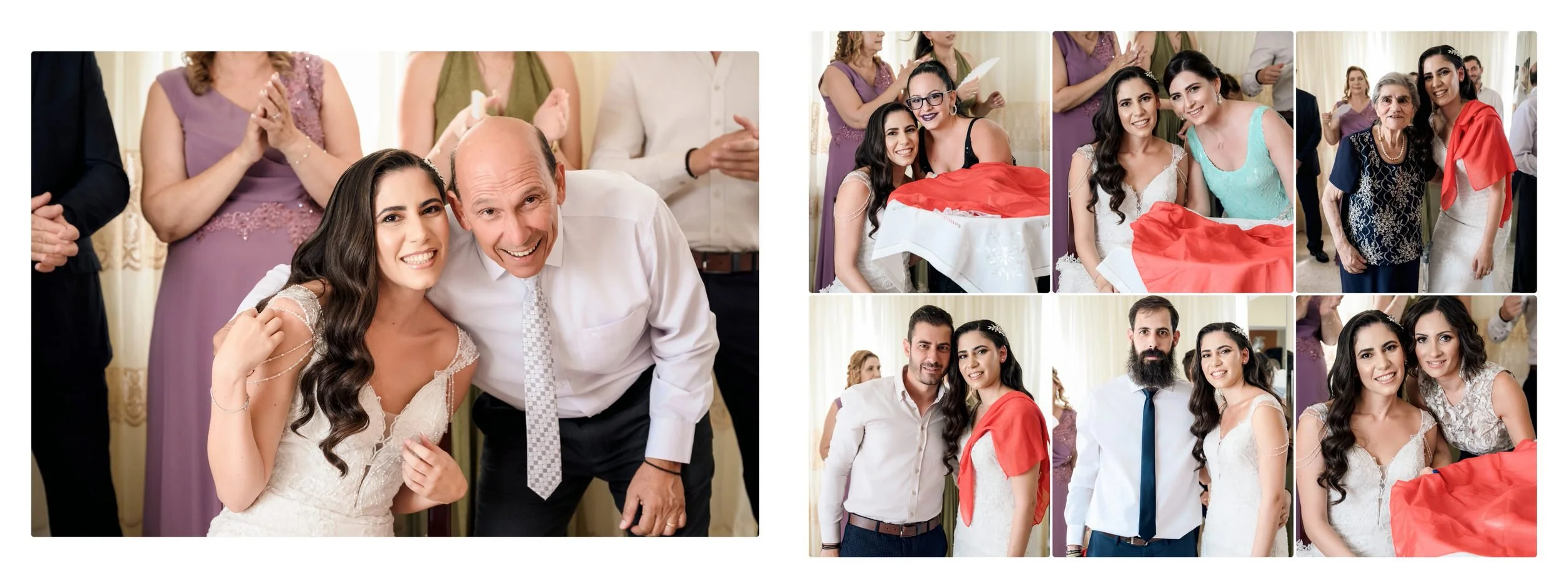 Collage of photos from a wedding reception, showing the bride with family and friends, some holding gifts or wrapped in red cloth, smiling and posing for pictures.
