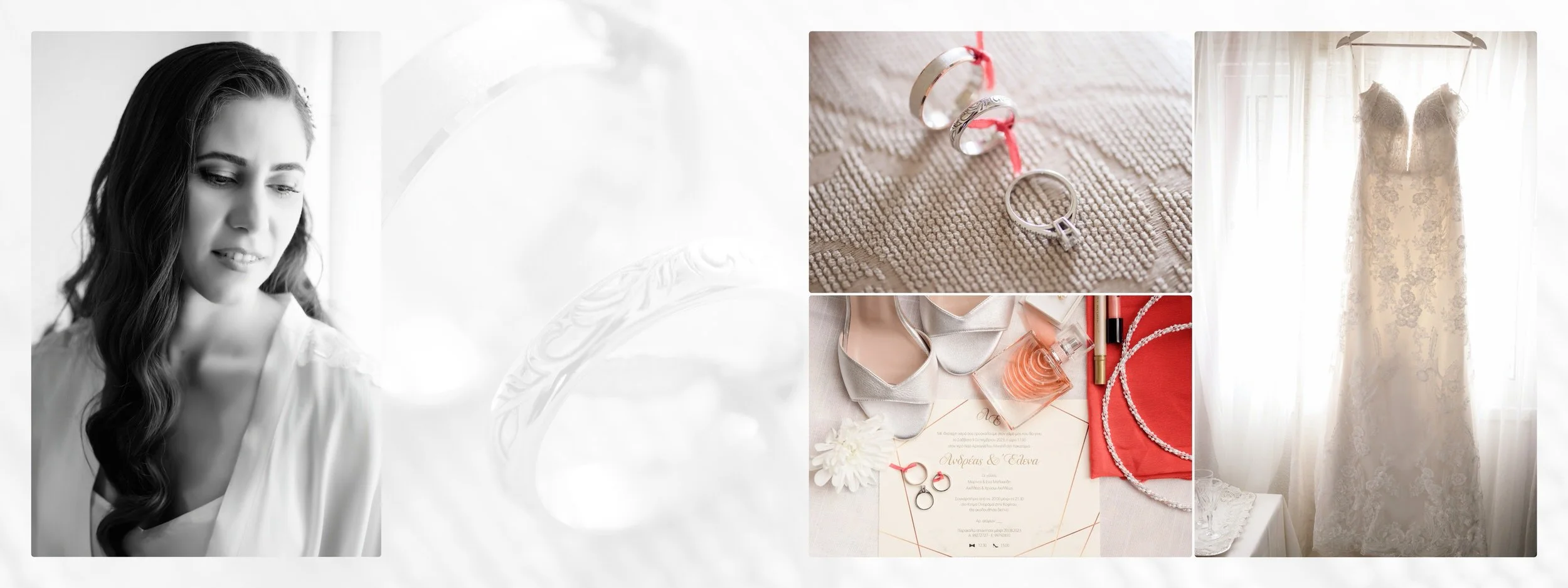 Collage of wedding preparations including a bride's portrait, wedding rings, silver shoes with satin ribbons, wedding invitation with rings and perfume, and an elegant wedding dress on a mannequin near a window.