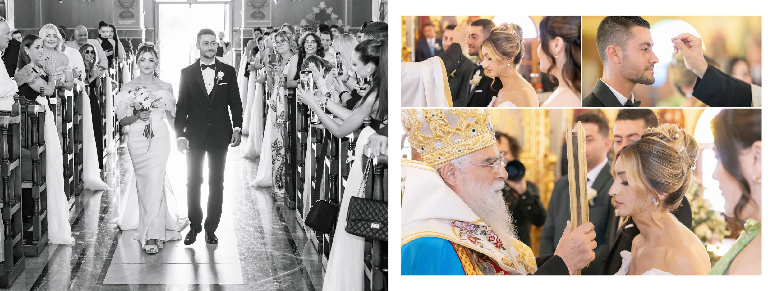 A wedding ceremony taking place in a church. The bride and groom walk down the aisle. The bride holds a bouquet, and the groom is in a black tuxedo with a bow tie. Guests are seated on either side, some taking photos. In the inset images, a priest of