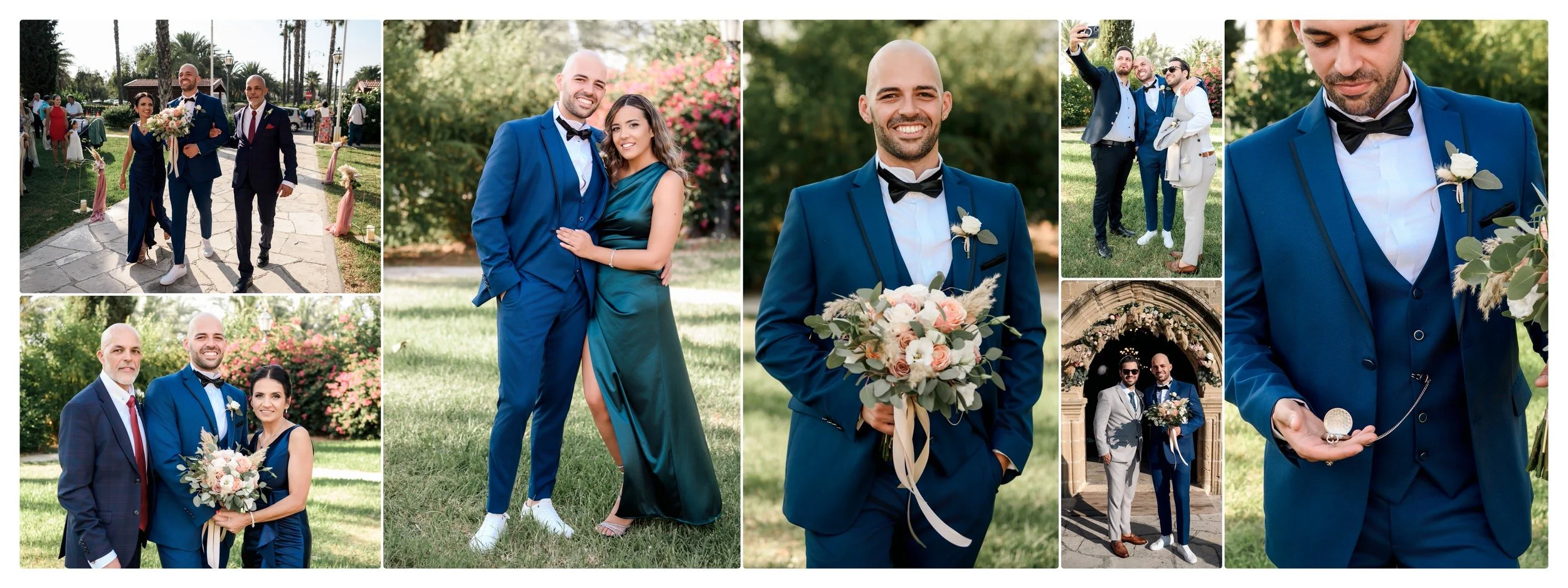 A collage of scenes from a wedding celebration outdoors. Includes a groom in a blue suit holding a flower bouquet, wedding guests in formal attire, and family members posing together in lush greenery and decorative settings.