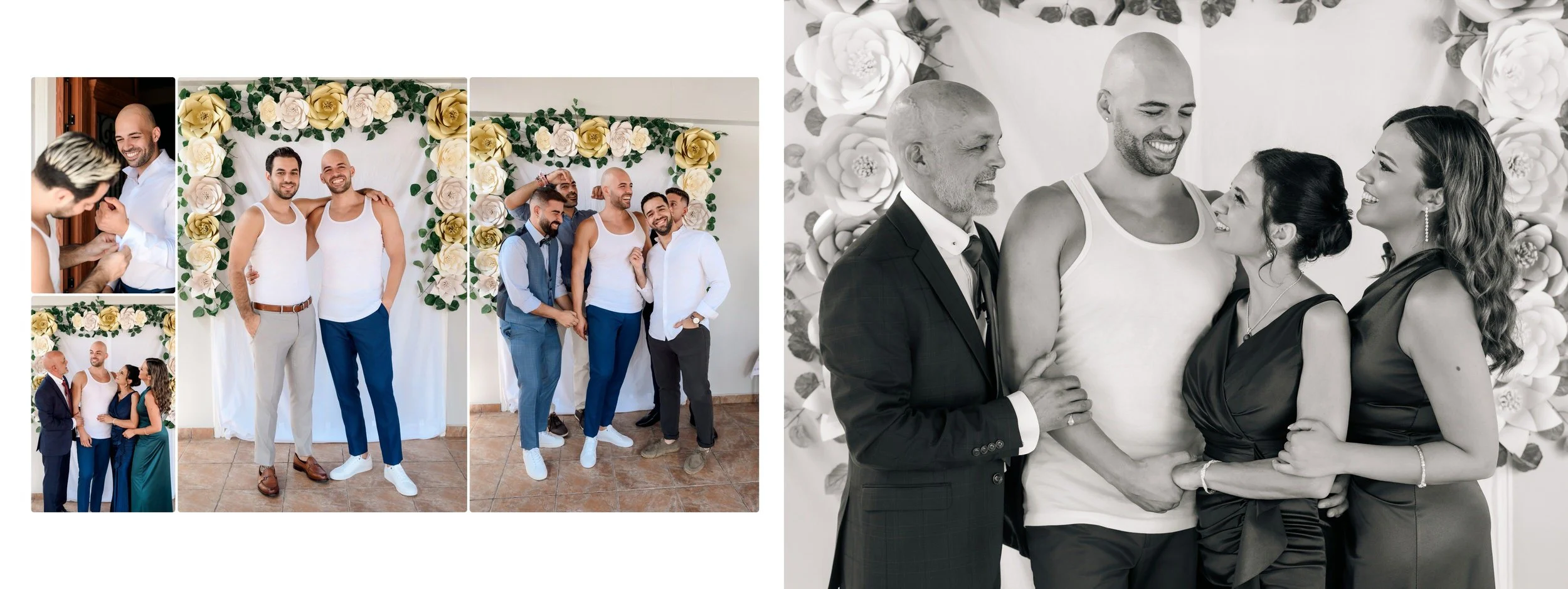 Collage of photos from a wedding celebration featuring a groom, friends, and family, with floral decorations. One black and white photo of the wedding party smiling and holding hands, others showing the groom with friends and family in casual and for