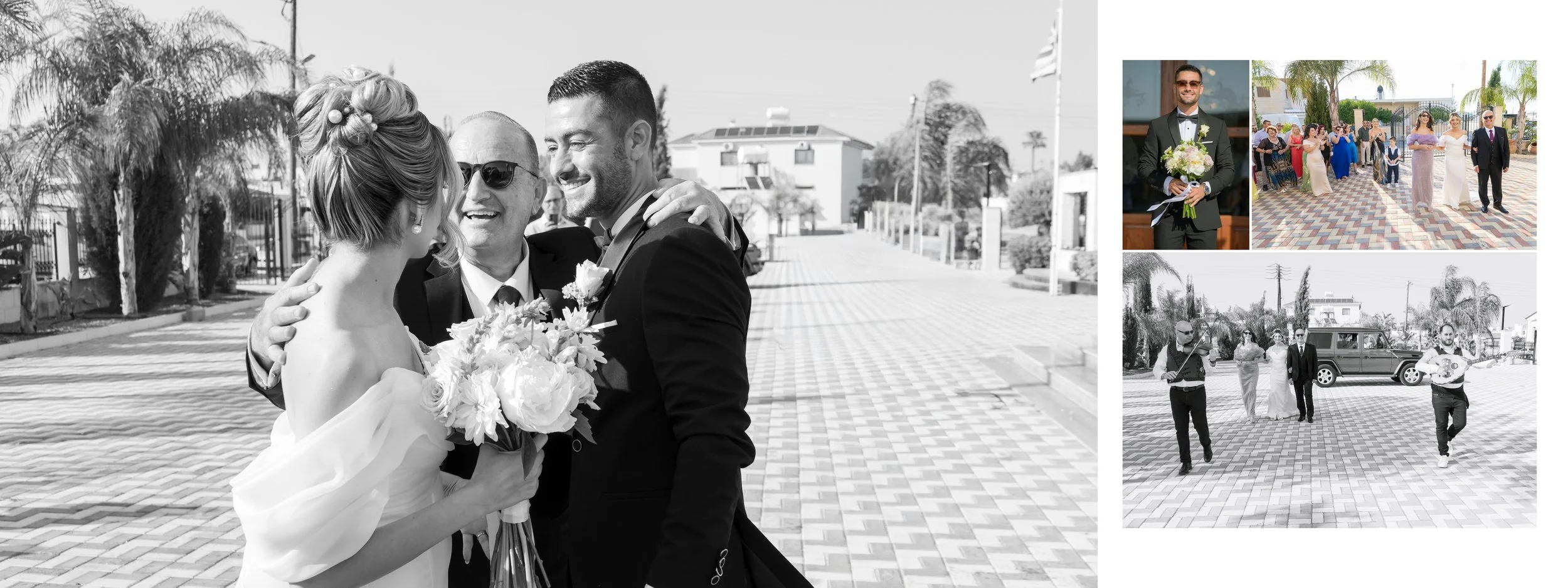 A bride and groom embrace and smile, with a man in sunglasses also smiling beside them. In the background, there are palm trees and a street.
