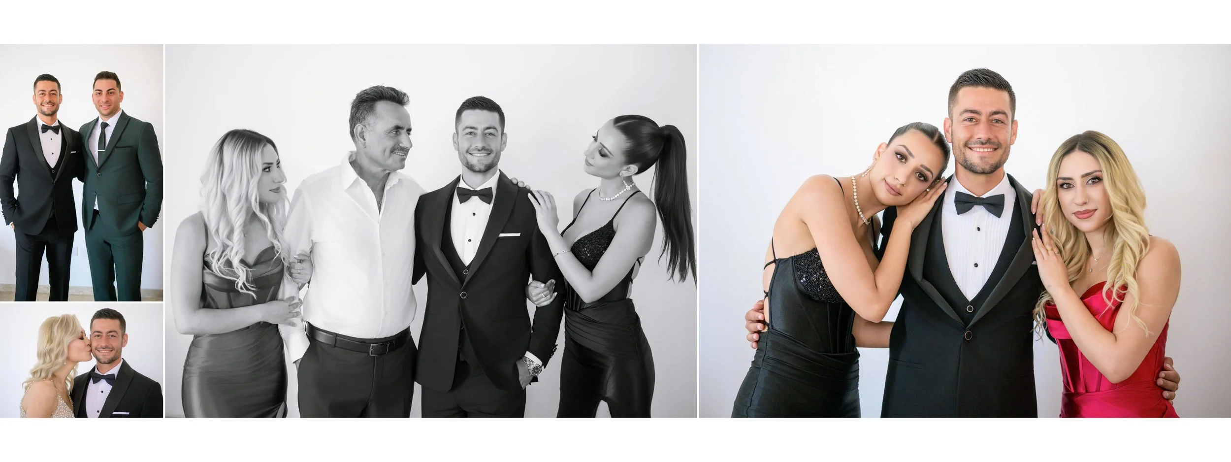 Group of people dressed in formal attire, smiling and posing for photos at a celebration.