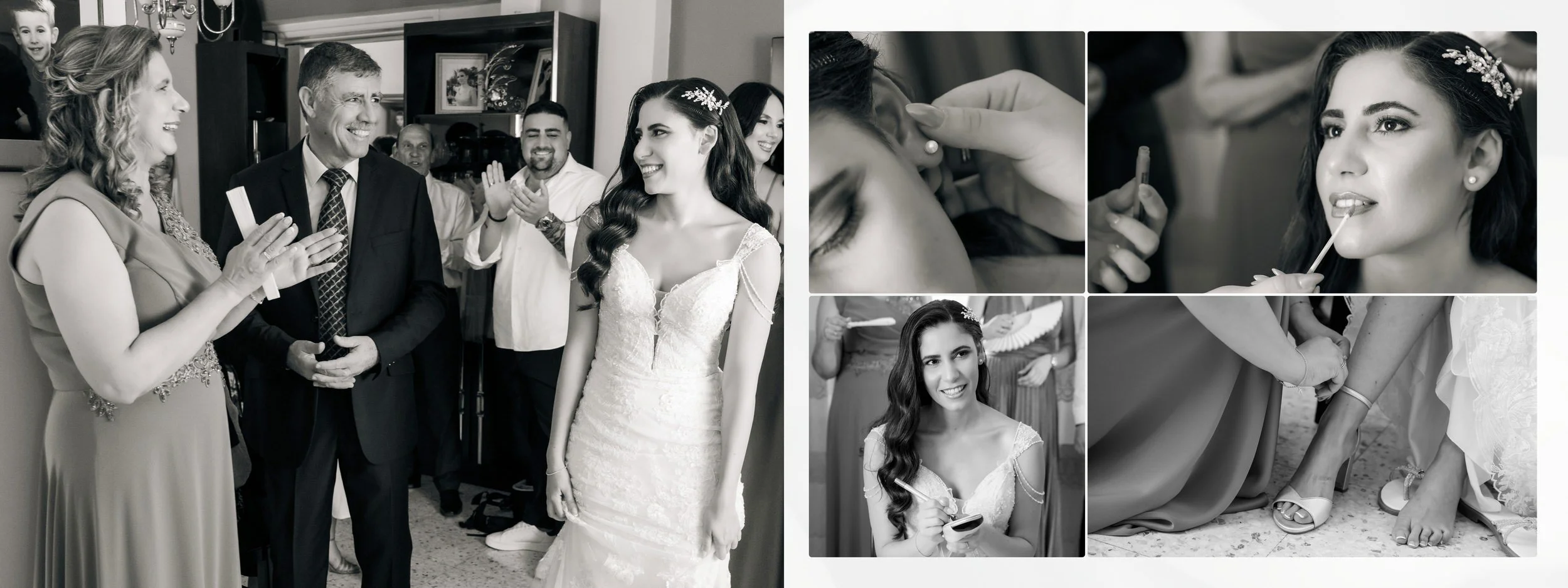 A bride getting ready for her wedding day, surrounded by family and friends, with moments of makeup application, coordinated dress fitting, and smiling interactions.