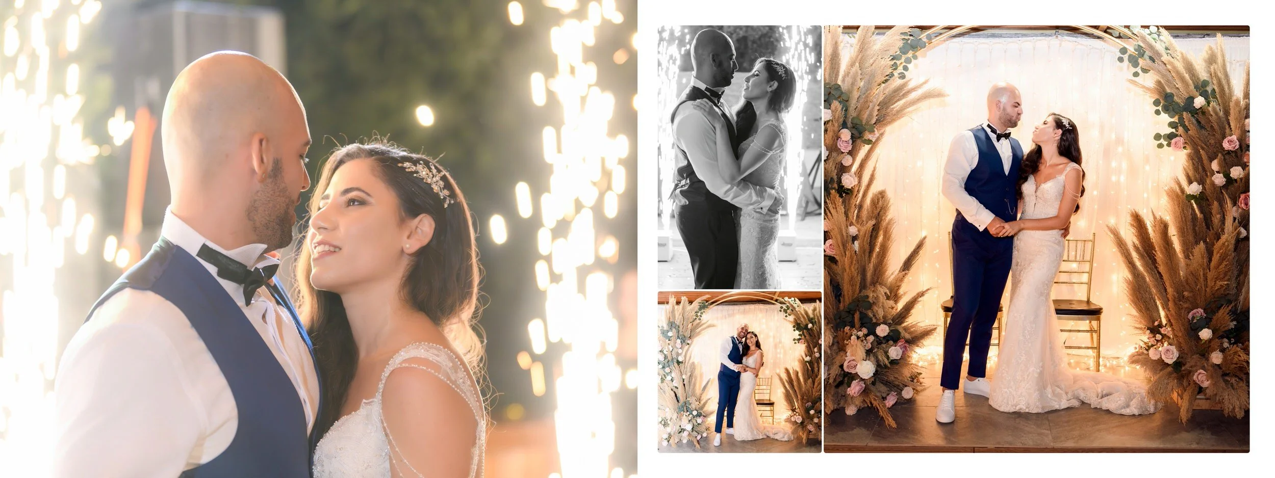 Collage of wedding photos featuring a bride and groom. The main image shows them close together at sunset with sparklers in the background. Others include a black-and-white image of them dancing, and a color picture of them standing on a decorated st