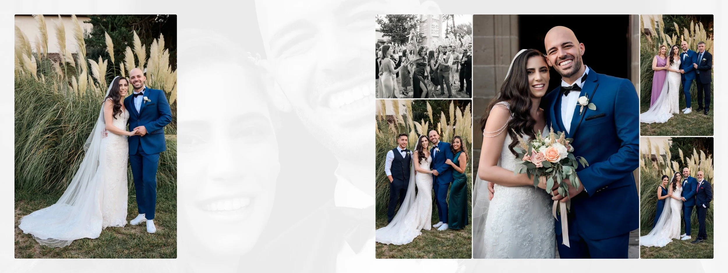 A collage of wedding photos showing a couple and guests. The bride wears a white lacy wedding dress and holds a bouquet, and the groom wears a blue suit with a black bow tie. They pose outdoors among tall grass and plants, smiling at the camera. Addi