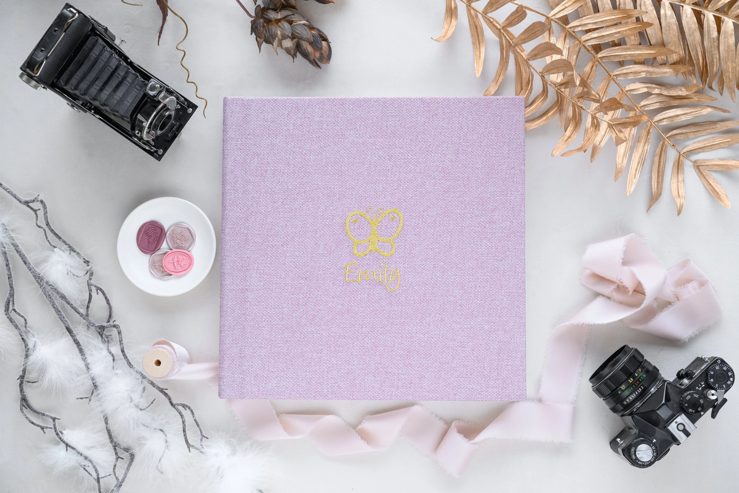 Decorative photo featuring a pink gift box with a butterfly logo and the name 'Emily' on it, surrounded by cameras, dried plants, silk ribbon, and wax seals on a light background.