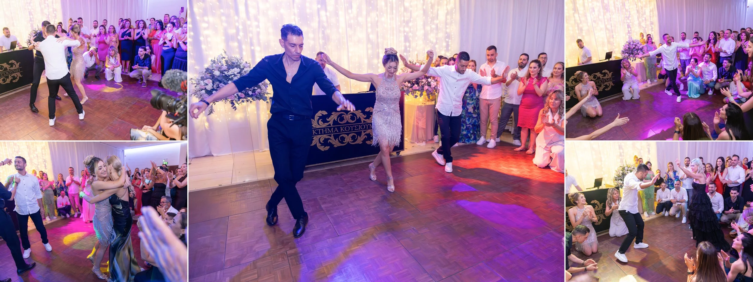 People dancing and celebrating at a wedding reception with a bride and groom dancing in the center, surrounded by friends and family, with colorful lighting and floral decorations.