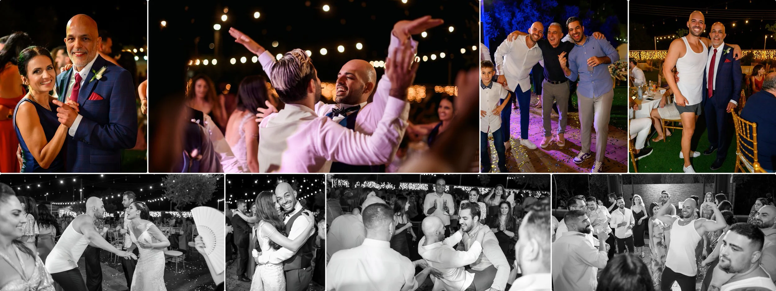 Collage of wedding celebration photos showing guests dancing, hugging, and posing at an outdoor reception at night with string lights and decorated tables.