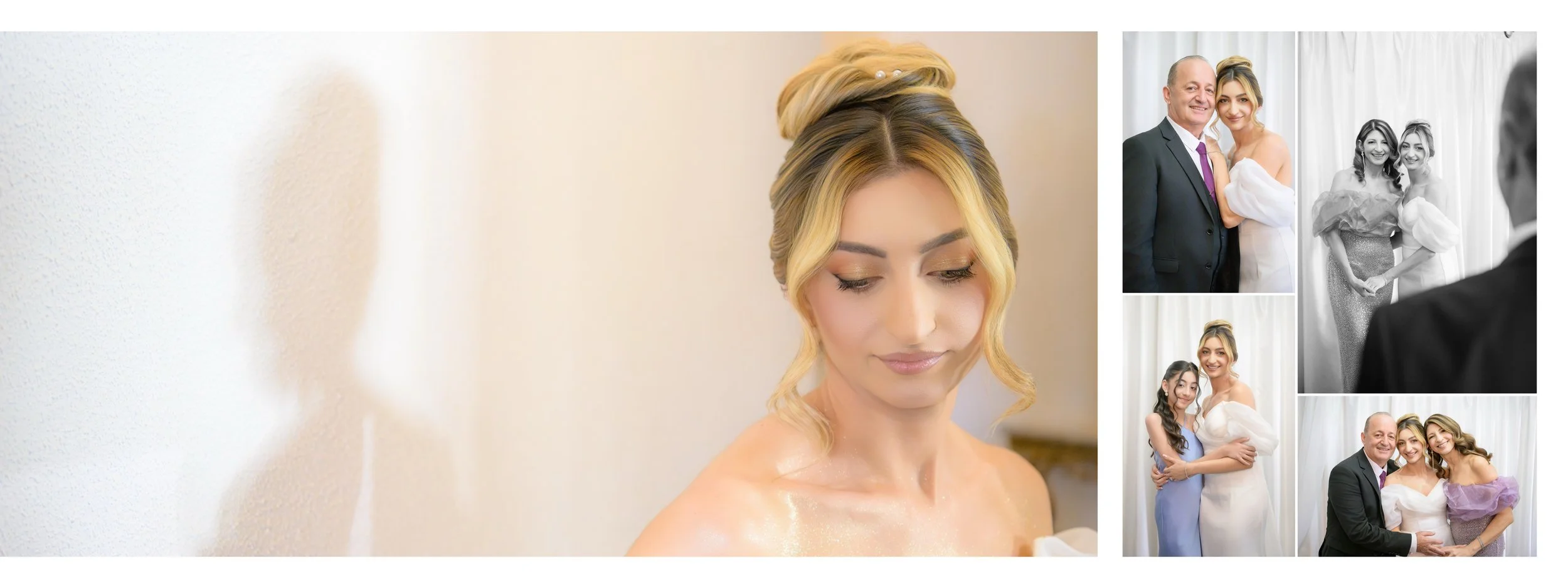 A woman with styled blonde hair and makeup looking down in a formal setting, likely a bride. Smaller images show her with a man and another woman, a man and woman hugging, and her with a girl in blue, all in elegant attire.