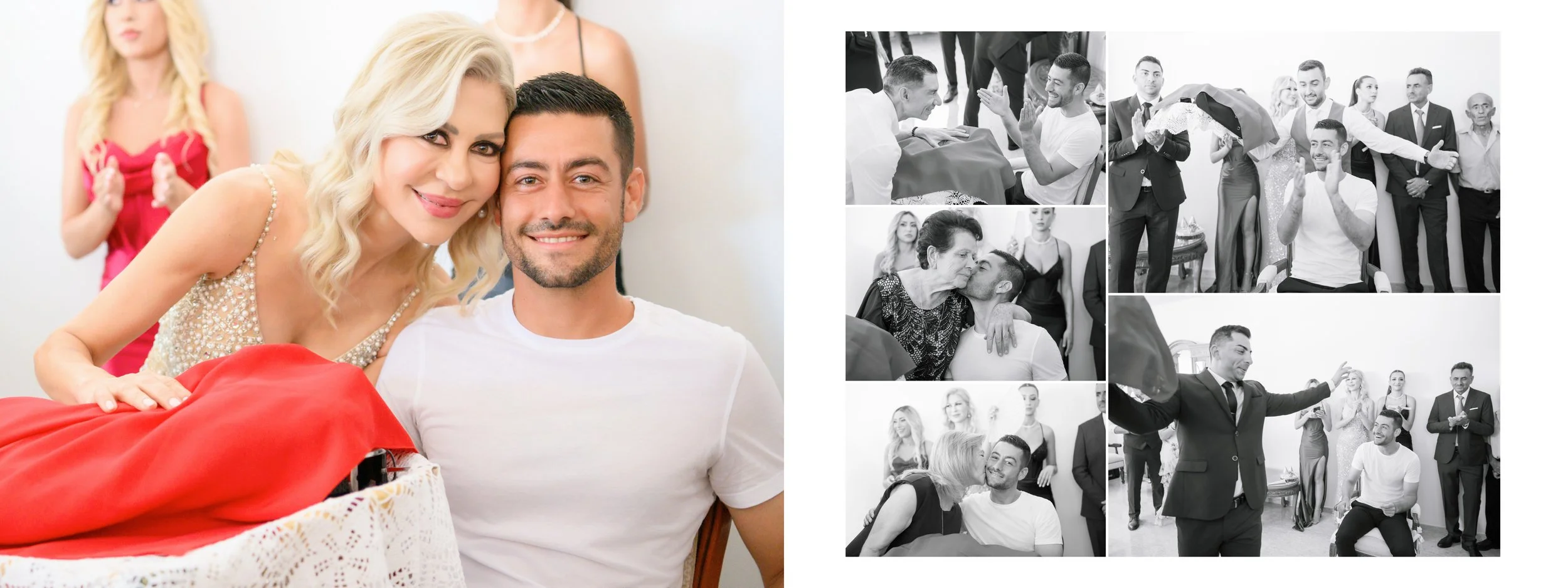 Collage of images from a celebration or wedding, including a woman and man smiling with a woman in the background, black and white moments of sharing kisses, conversations, and social interactions among guests.