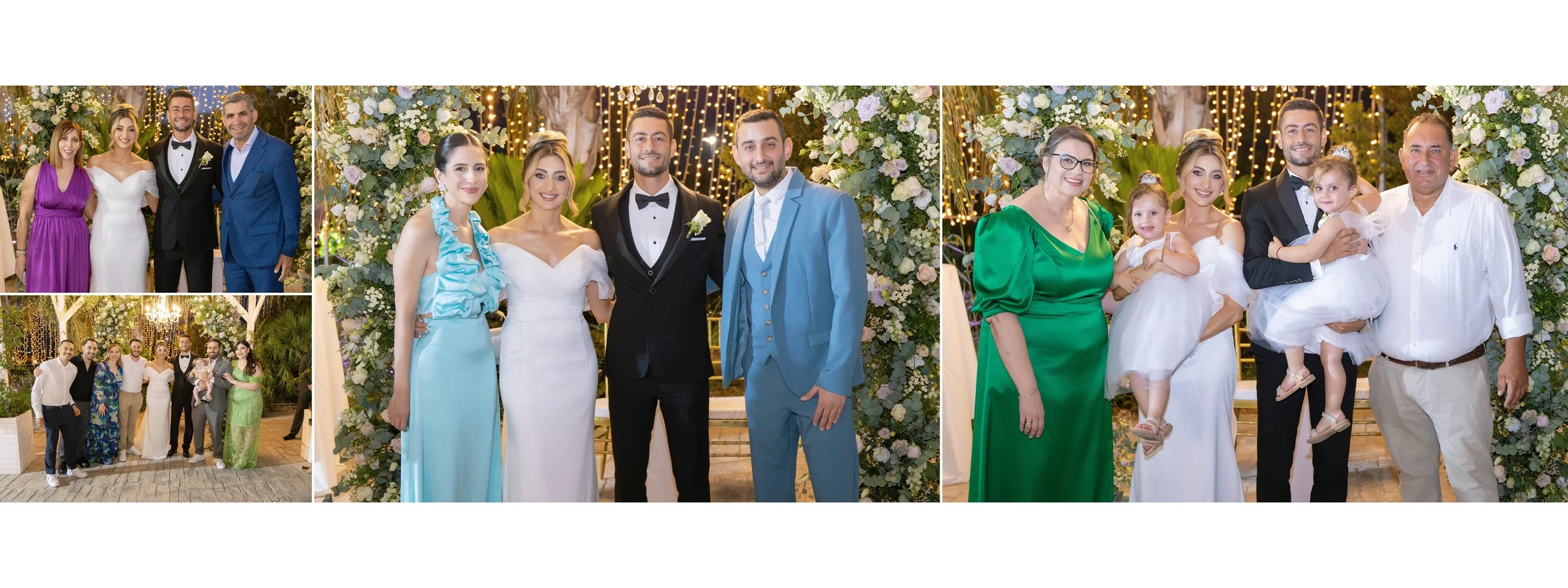Group photos at a wedding with floral decorations and string lights in the background.