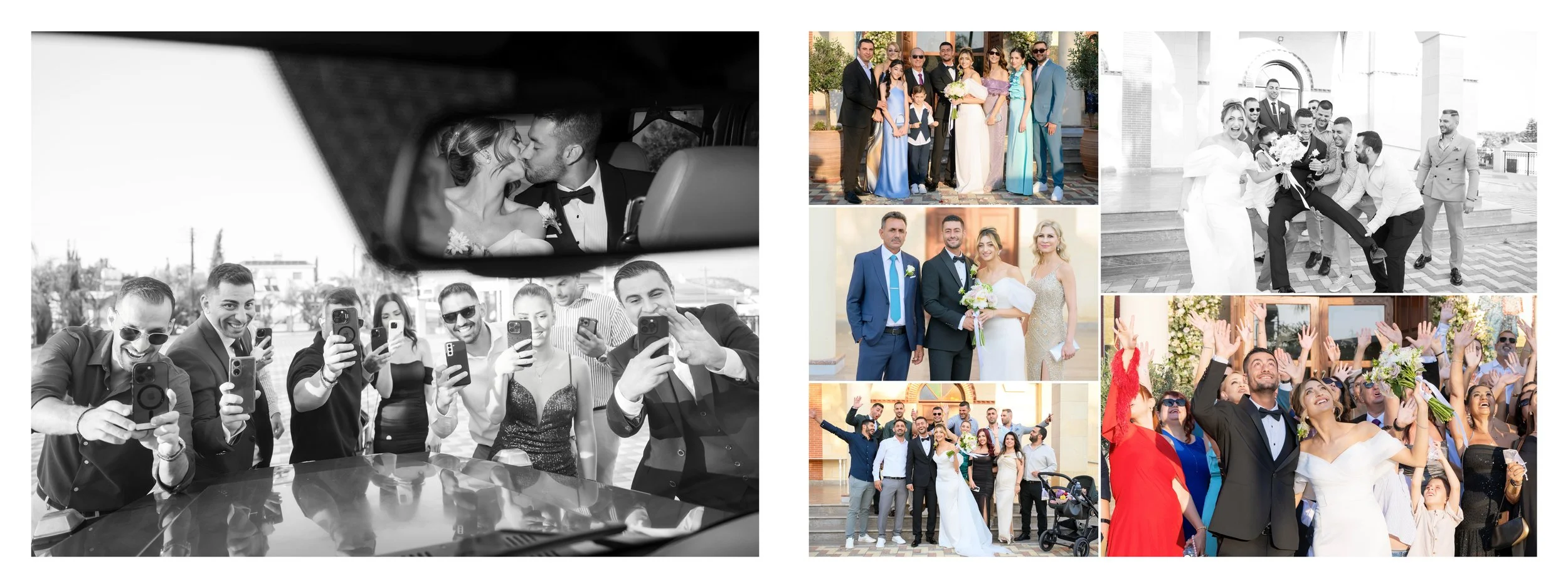 Collage of wedding photos with couples, groups, and guests celebrating, both in color and black-and-white images, including scenes of taking selfies, group photos, and dancing.