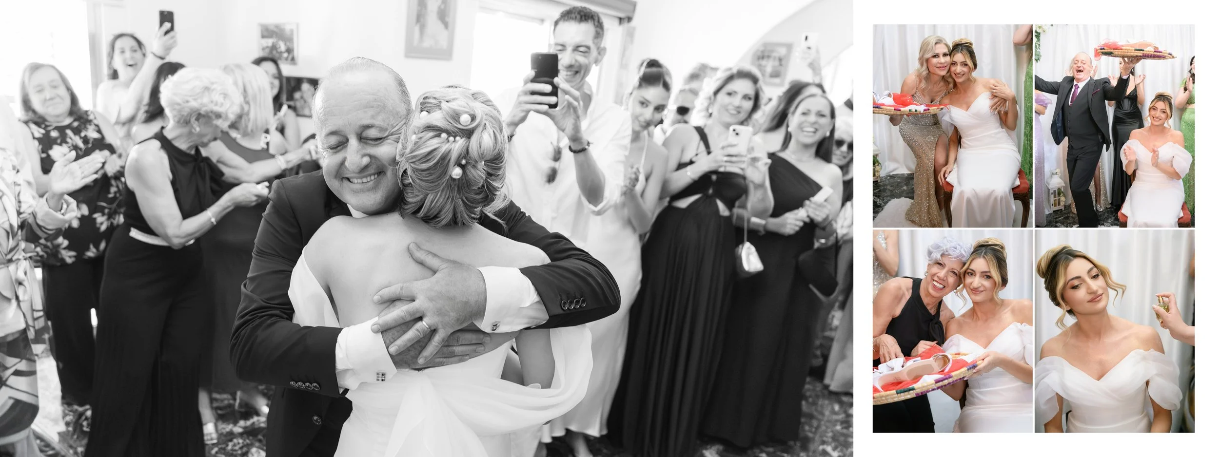 Photos from a wedding celebration, including a black-and-white image of a couple hugging surrounded by guests, and smaller color images of women in elegant dresses and a man presenting a cake, capturing joyful moments.