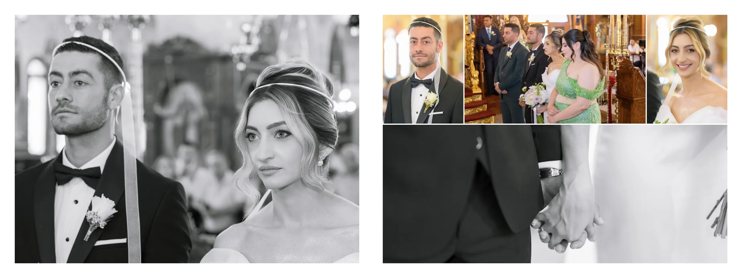 Collage of wedding ceremony images: black and white close-up of the bride and groom standing at the altar, groom in tuxedo with boutonniere, bride with styled hair and earrings; colored images of the wedding party, including the groom and groomsmen i