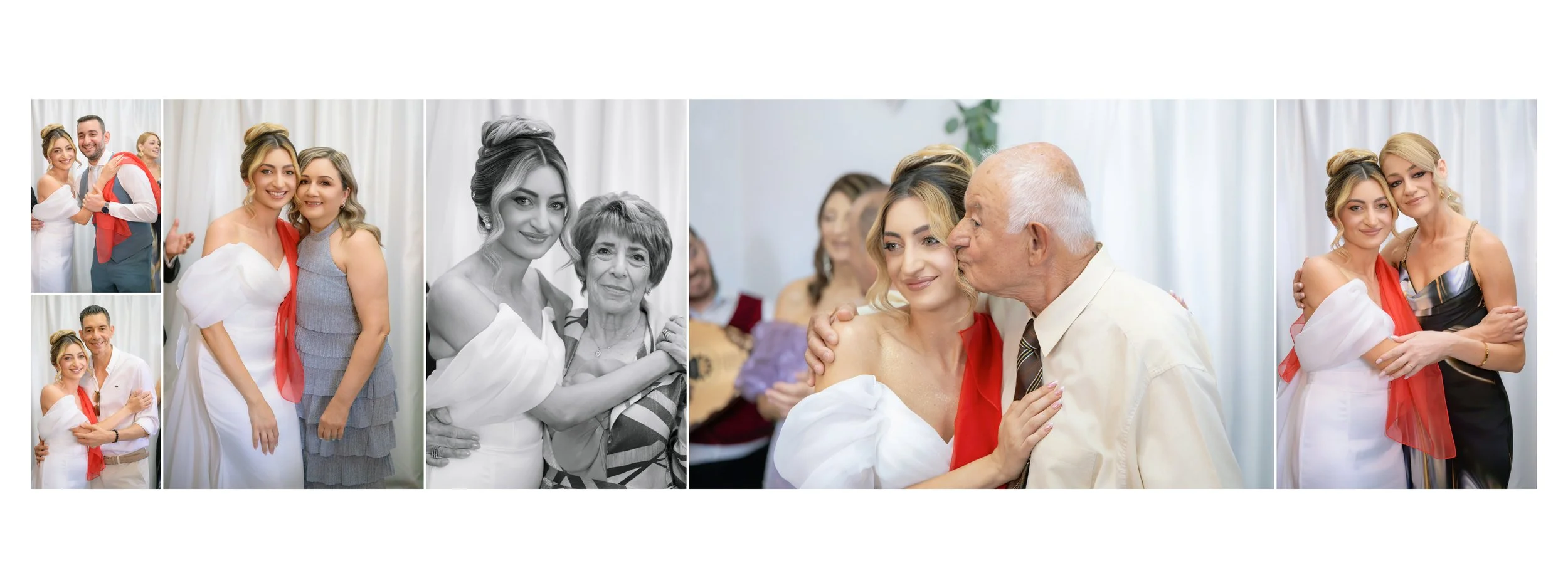 Collage of photos from a celebration, featuring women in elegant dresses, hugging, and embracing in front of a white curtain, with guests smiling and interacting.