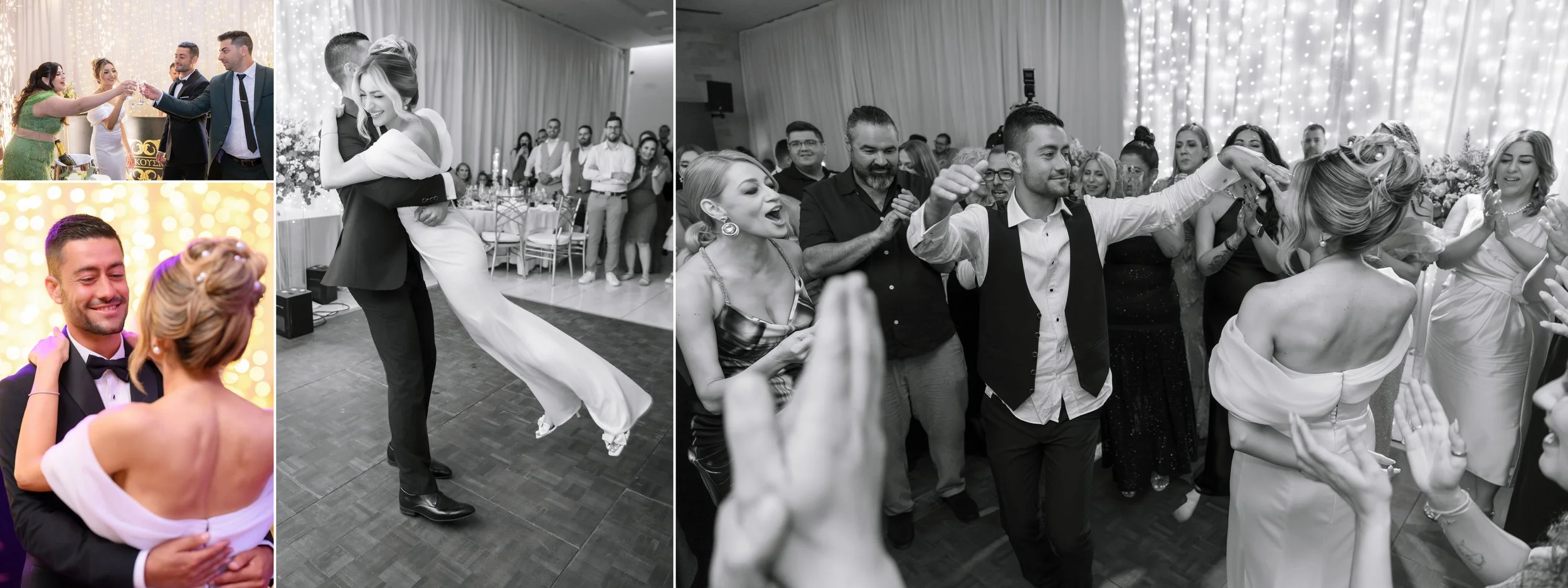 Group of wedding guests dancing and celebrating at a reception, with some couples dancing closely and others singing or clapping.