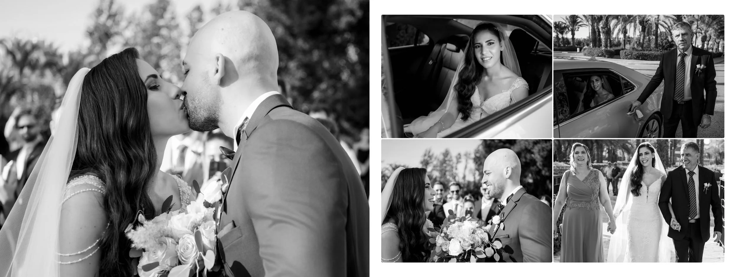 A collage of black and white wedding photos featuring a bride and groom, a woman in a wedding dress, and various moments from their wedding day.
