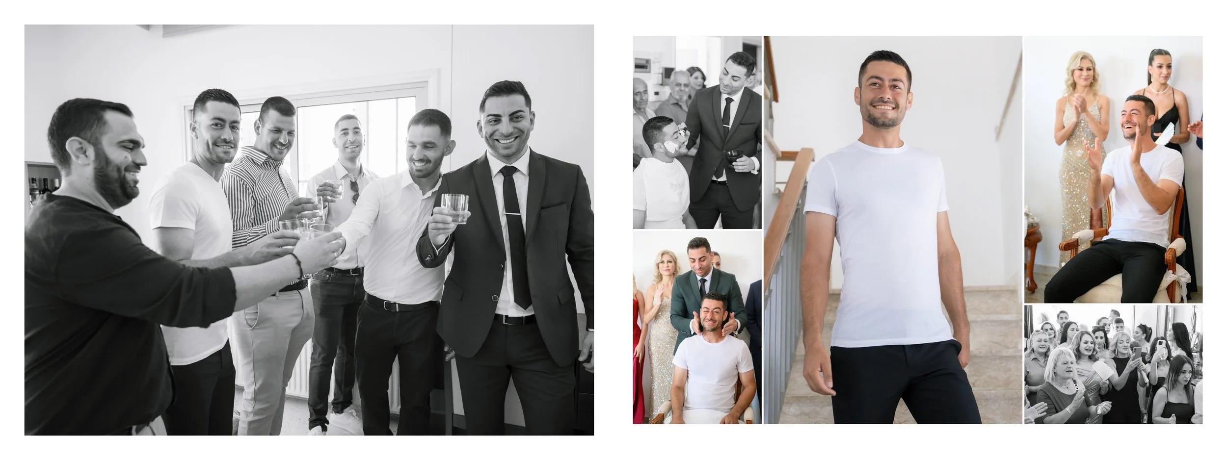 Group of people at a celebration or social gathering, some smiling and raising glasses in a toast, with a focus on a man in a suit. Other smaller photos show a man with face paint, a man sitting in a chair smiling, a woman clapping, a man walking, an