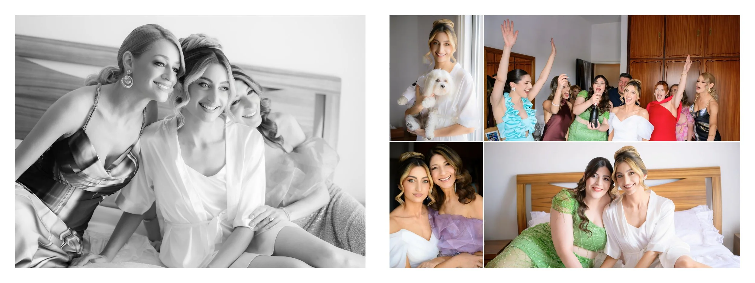 Collage of women preparing for a special event, featuring grooming, celebrating, and taking photos with friends and a dog in a bright room.