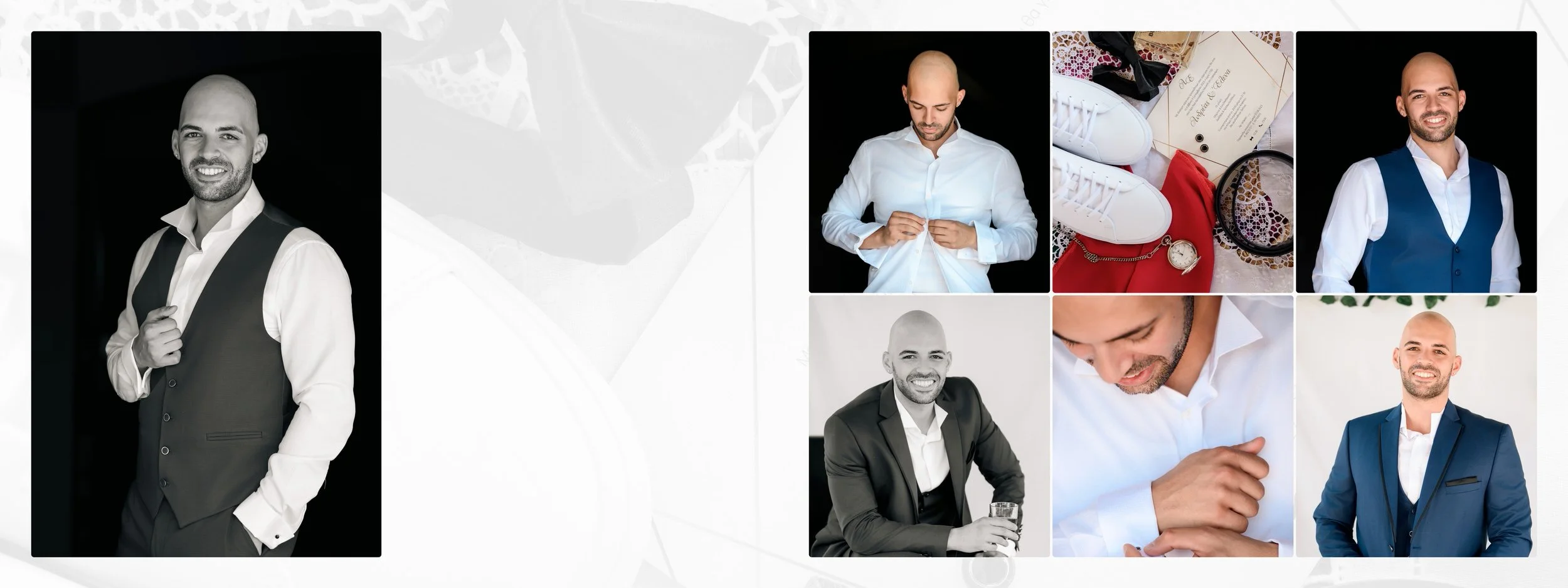 Collage of a man getting ready for a formal event, including photos of him in a suit, buttoning a shirt, and accessories like shoes, earrings, watch, and a pocket square.