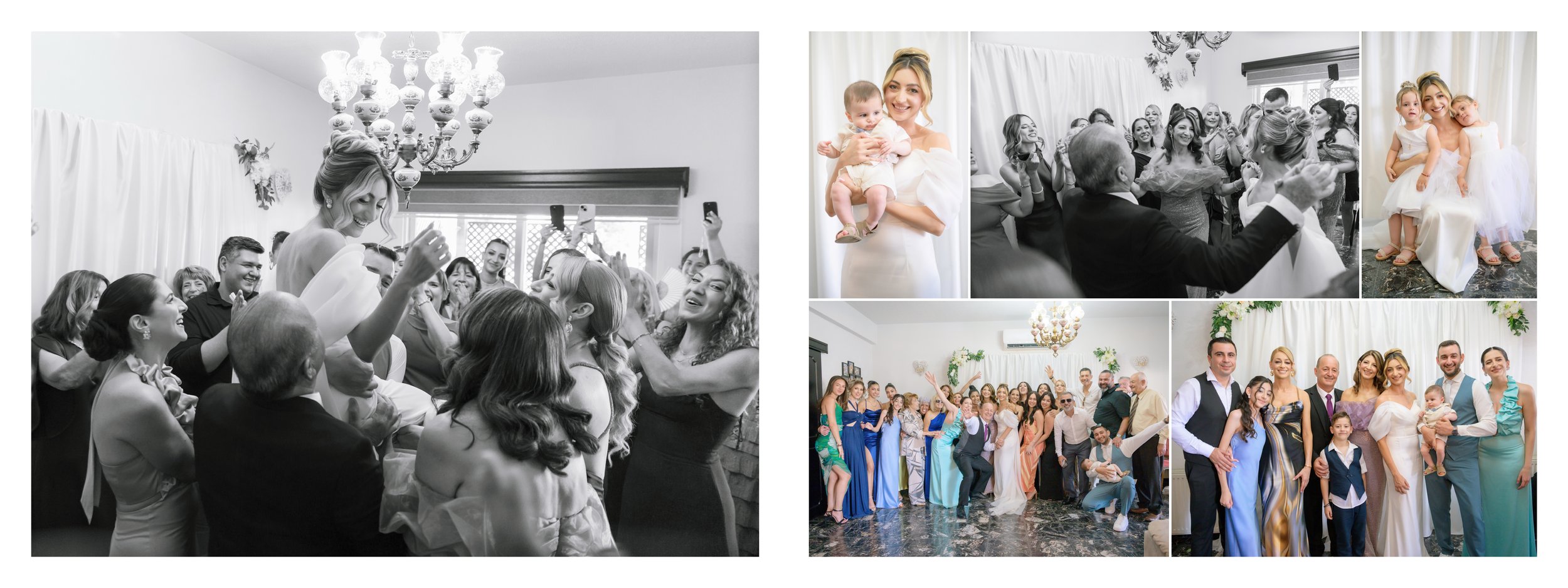 Collage of photos from a wedding celebration, featuring guests dancing and taking photos, a bride sitting with bridesmaids, a woman holding a baby, and a group photo of wedding attendees.