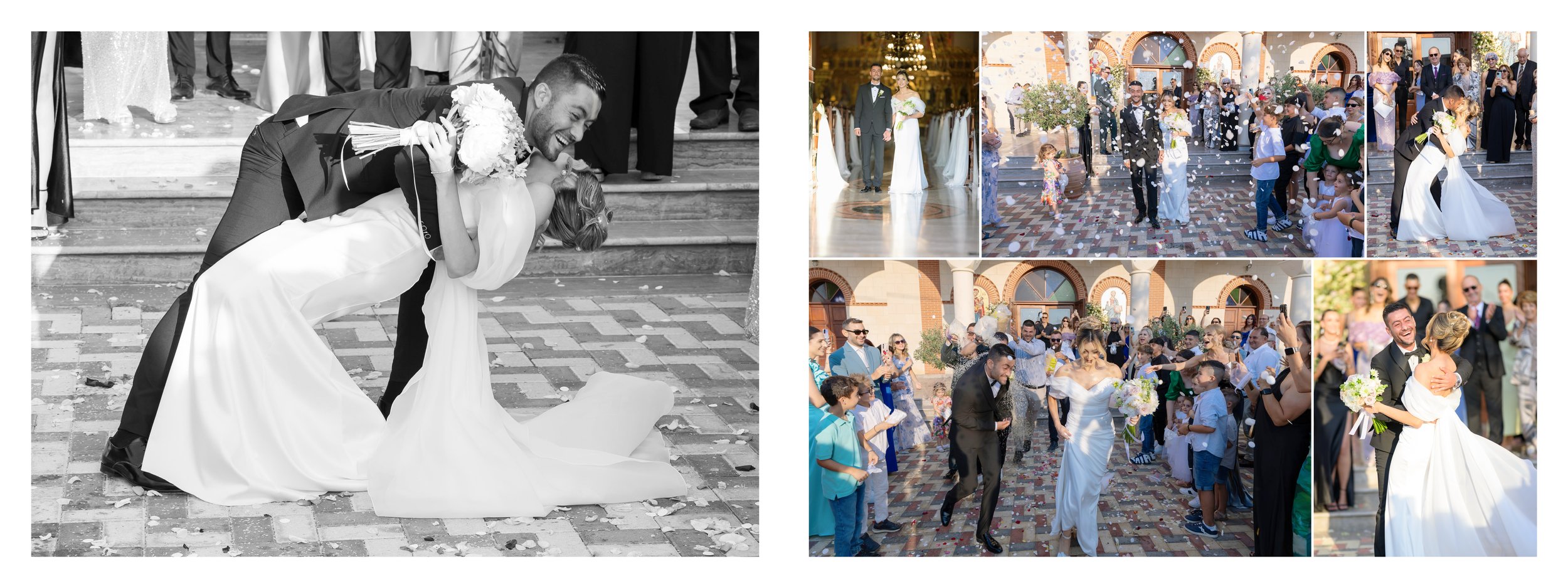 Group of wedding photos including bride and groom dancing, walking down aisle, surrounded by guests celebrating with confetti, and exchanging hugs.
