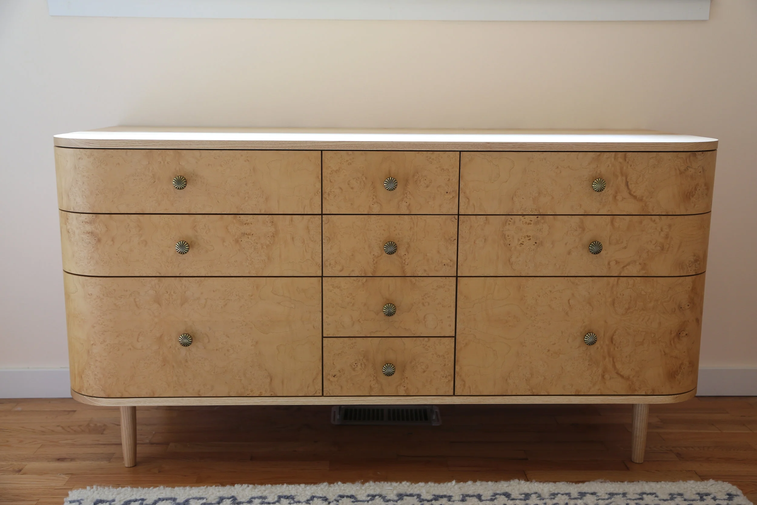 Ash burl curved front dresser
