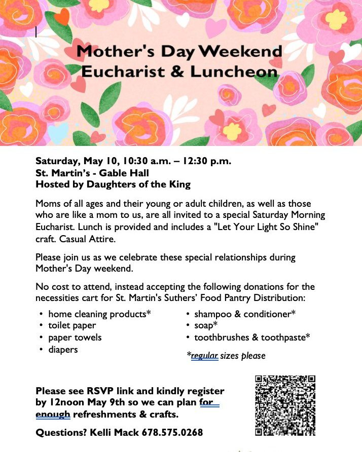 Join us for our Mother&rsquo;s Day Weekend Eucharist and Lunch on May 10 from 10:30 a.m. ‒ 12:30 p.m.

Moms of all ages and their young or adult children, as well as those who are like a mom to us, are all invited to a special Saturday Morning Euchar