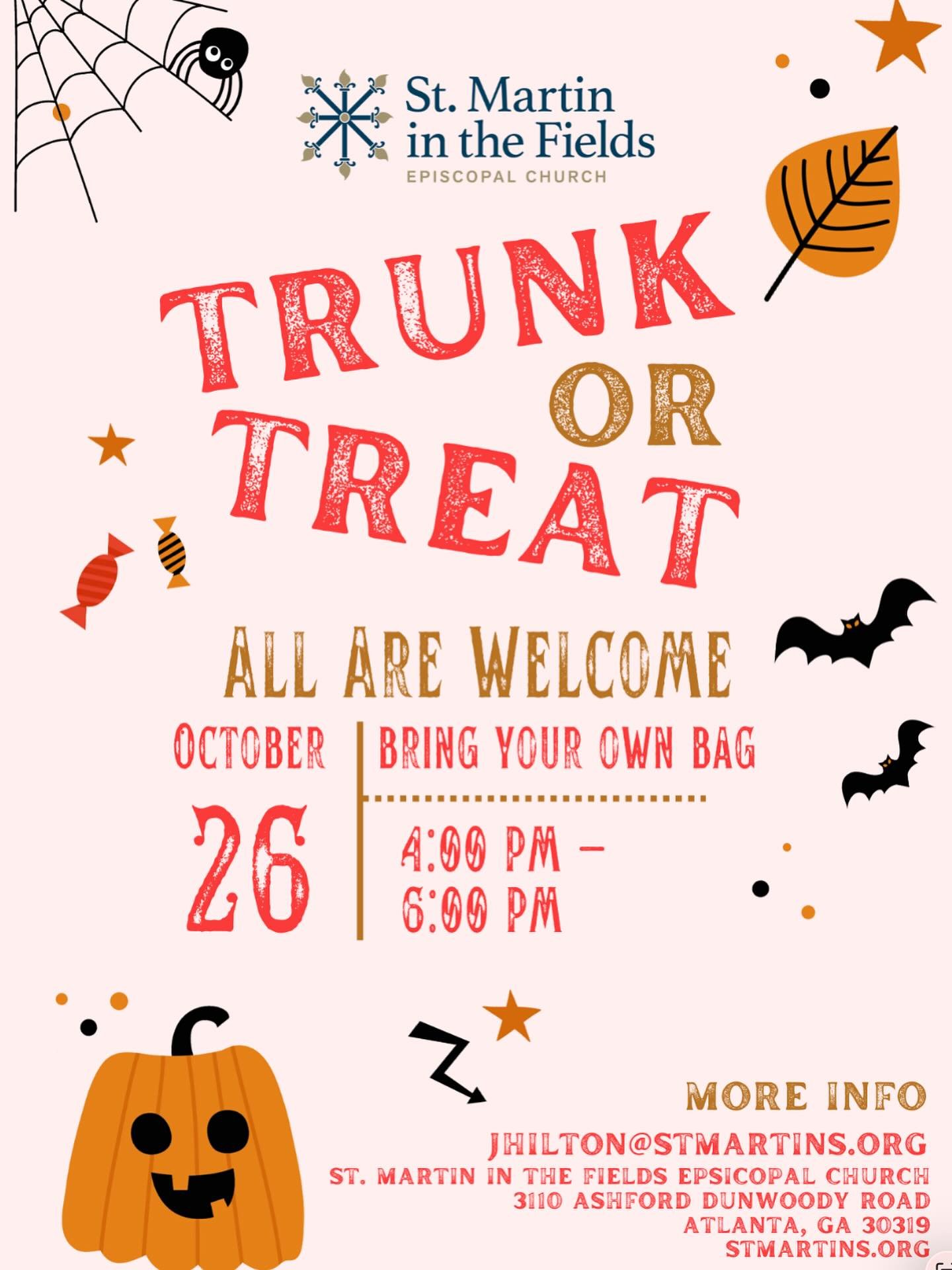 Young and old alike, come for the fun, and consider offering hospitality to our neighbors at St. Martin&rsquo;s Trunk or Treat on October 26 from 4:00 p.m. - 6:00 p.m. Along with our parish family, we will be joined by our neighbors who receive from 