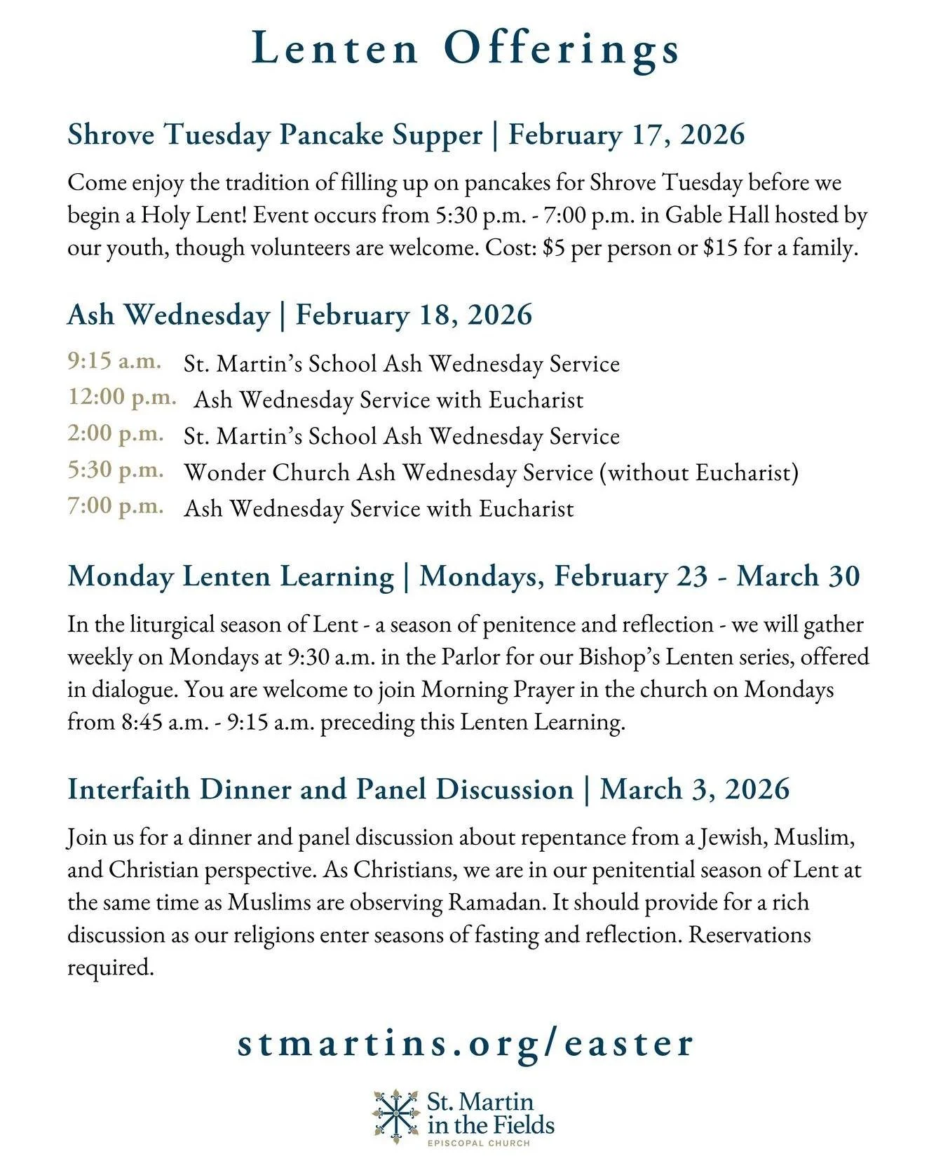 Throughout Lent and Easter at St. Martin&rsquo;s we&rsquo;ll open wide our hearts to God, to community, and to the world around us. Join us for worship services, formation, and fellowship opportunities noted here and on our website at stmartins.org/e