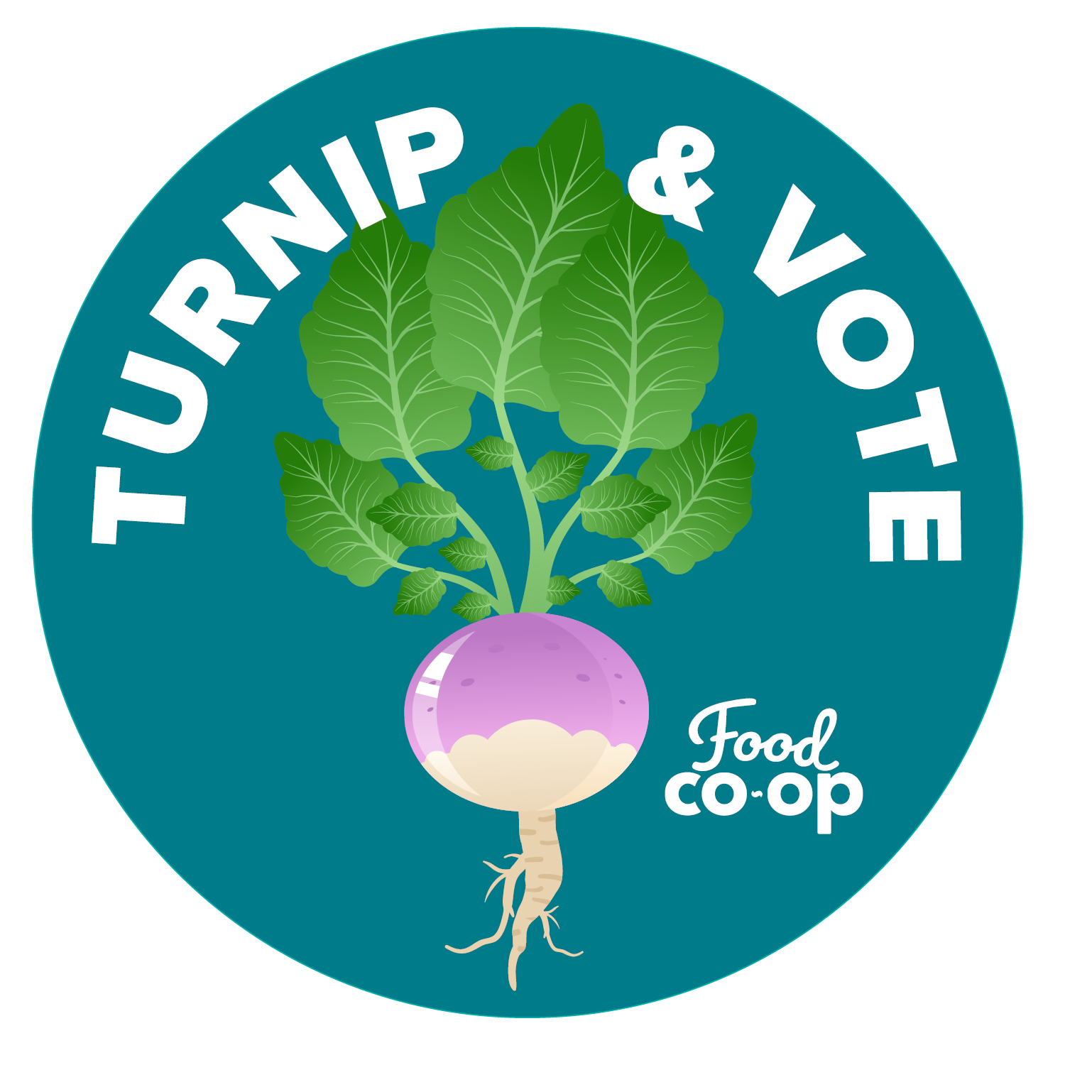 Logo featuring a purple turnip with green leaves on a teal background, with white text reading "Turnip & Vote" and smaller text "Food co-op."