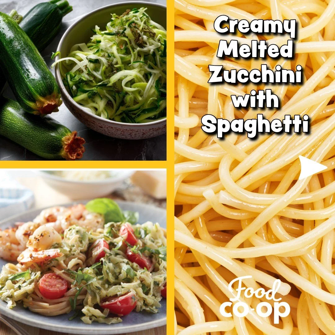 Creamy Melted Zucchini with Spaghetti 
🧀🍝🍋🧄🌿
Preparation:
1. Cook the spaghetti according to package instructions and drain.
2. While the spaghetti is cooking, in a large saute pan, melt the butter over medium heat and add the onion. Saute for 5