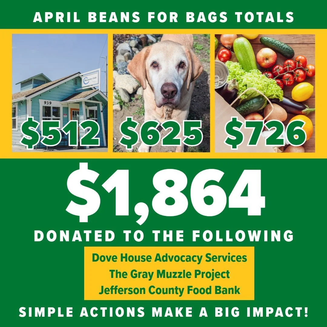 2026 April Bean For Bags Totals = $1864

This month we are happy to donate the following to vital organizations in our community:

🩵 $512 to Dove House Advocacy Services &ndash; providing emergency domestic violence shelter and advocacy, and trauma 