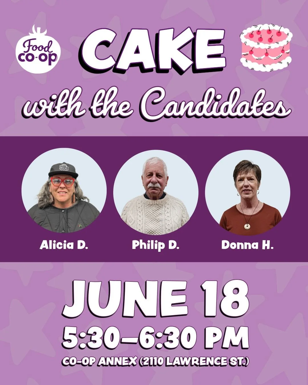 CAKE WITH CANDIDATES
🍰🍰🍰
Enjoy Cake with the Candidates! A sweet way to meet the folks shaping your Co-op&rsquo;s future. Join us for an evening of conversation, connection, and cake as you get to know this year&rsquo;s Board candidates. We have t