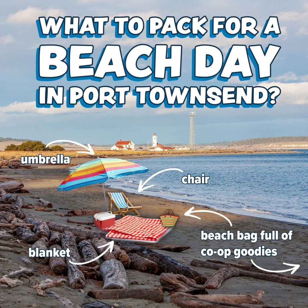 Sun's out, Fort Worden is calling. ☀️ Your Co-op beach bag checklist:

🍓 Local berries (no prep, no mess)
🧀 Beecher's Flagship for the cheese board
🥒 Sliced cucumbers &mdash; crisp, hydrating and perfect
🍪 Co-op Cookie for a sweet treat
💧 A good