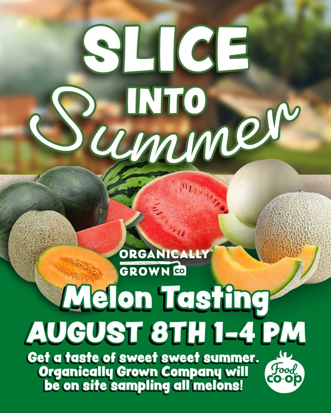 THIS SATURDAY - AUGUST 8th

🍉🍈MELON TASTING🍈🍉

Taste the sweet sensations of summer, @organicgrownco will be sampling summer melons from 1-4pm.