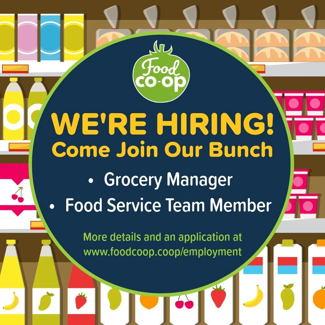 🍇JOIN OUR BUNCH!🍇
We&rsquo;re a fun and hard-working bunch, dedicated to excellent customer service, cooperation, and sharing our passion for food, food systems, and community. We encourage you to apply!

We have the following positions open:

🛒Gr