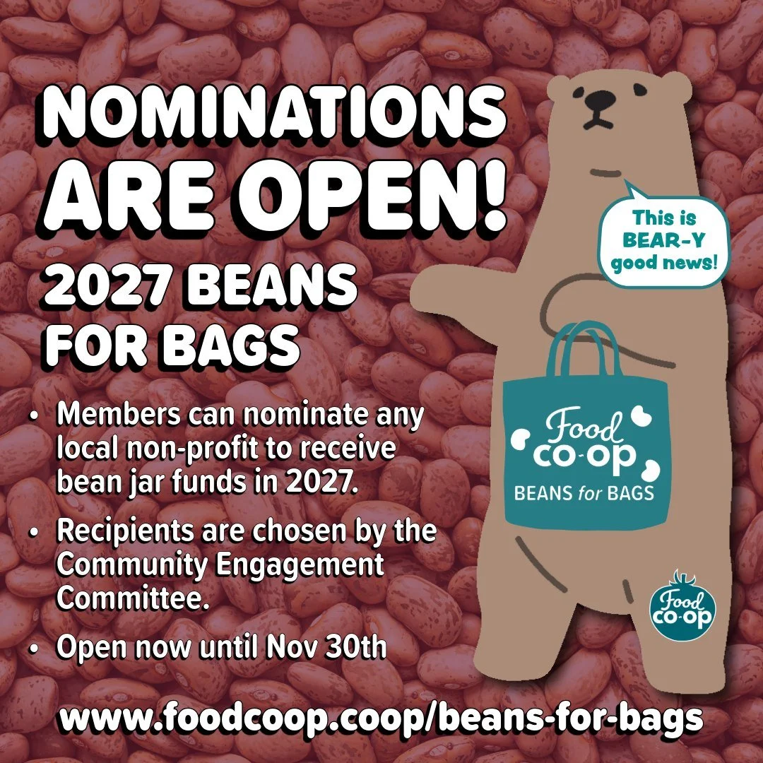 2027 BEANS FOR BAGS NOMINATIONS ARE OPEN!
🫘🛍️🫘🛍️🫘🛍️🫘
Members can nominate any local non-profit to receive bean jar funds in 2027. One nomination is all it takes to be considered.

Recipients are chosen by the Community Engagement Committee (CE