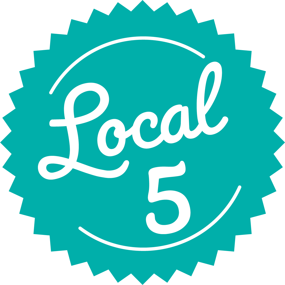 A teal badge with the words "Local 5" in white, stylized text, and a circular outline around the text.