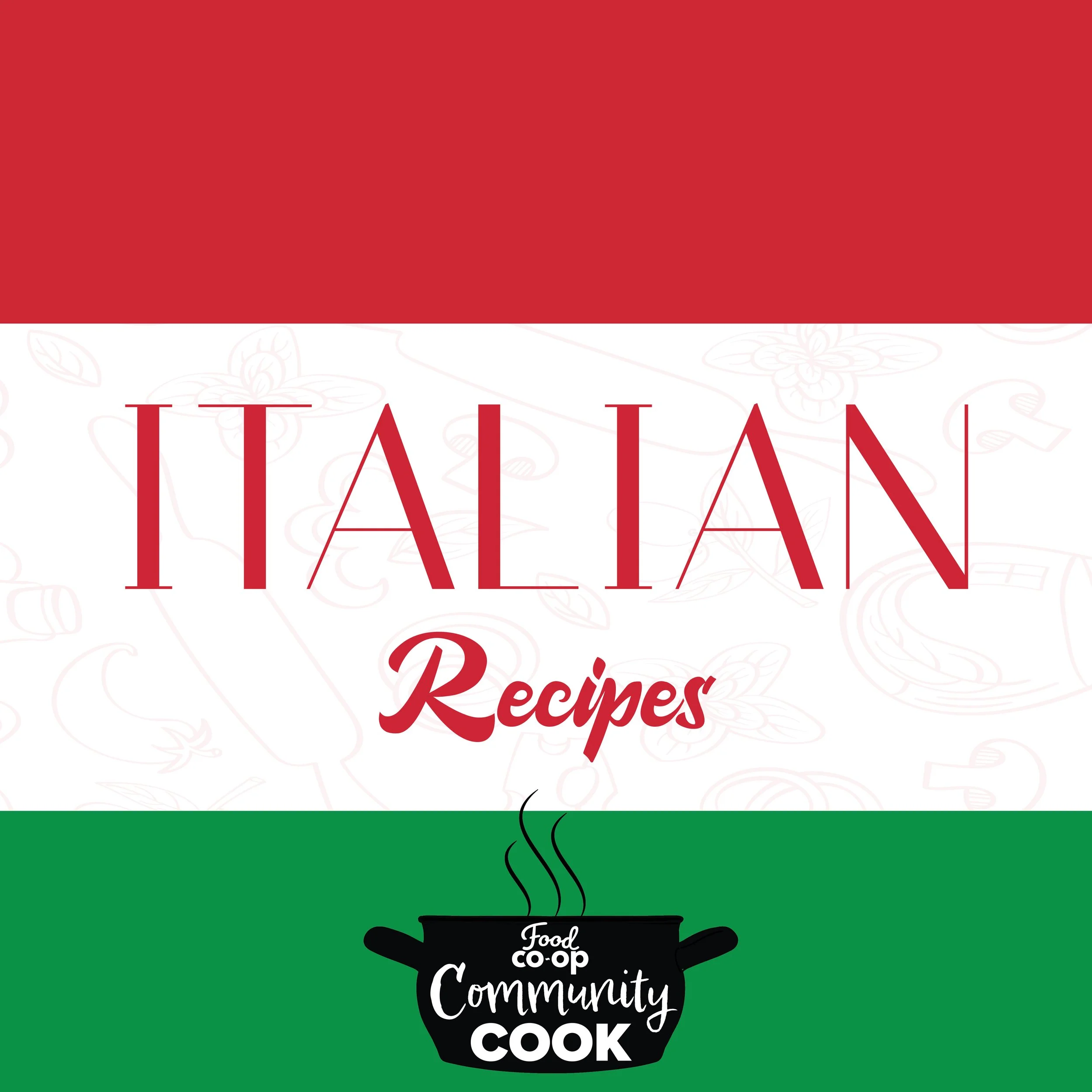 A colorful design featuring a red top with white floral patterns, the word 'ITALIAN' in large red letters, green bottom section, and a black pot with white text that says 'Food co-op Community Cook'.