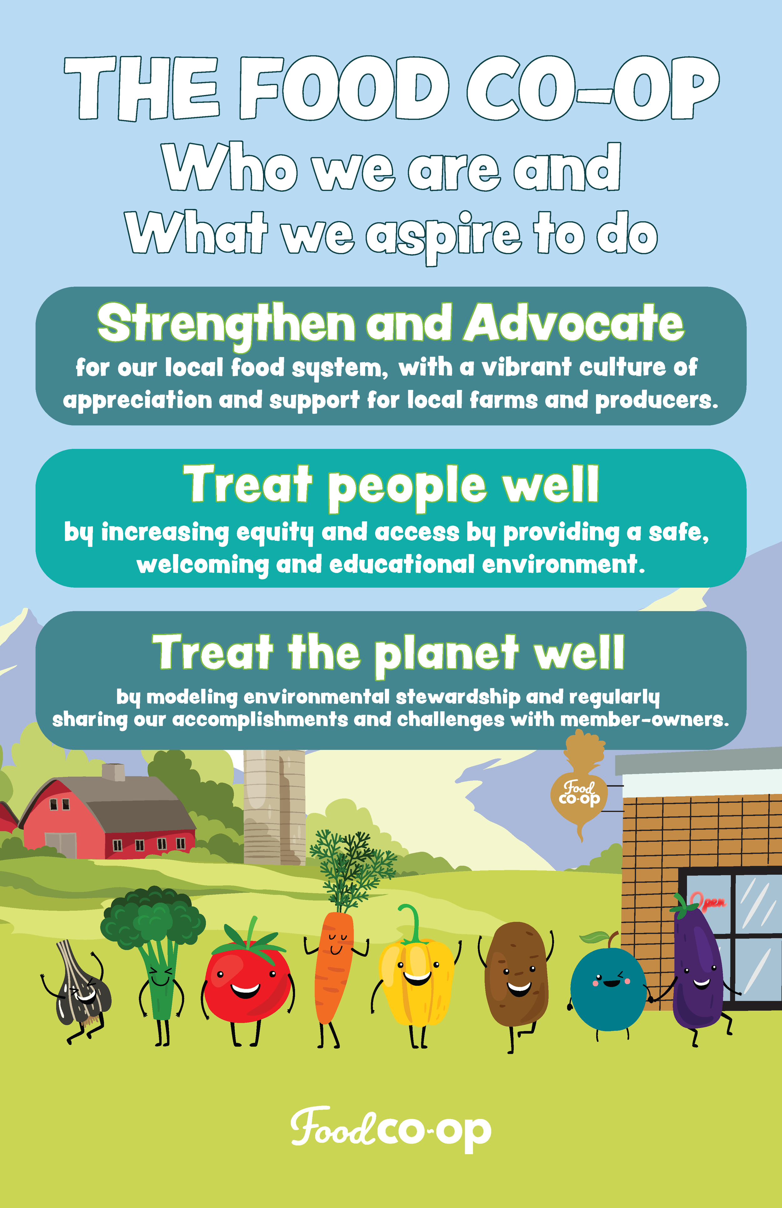 Infographic promoting a food co-op emphasizing strengthening local food systems, treating people well, and caring for the planet, featuring cartoon vegetables and farm scenery.