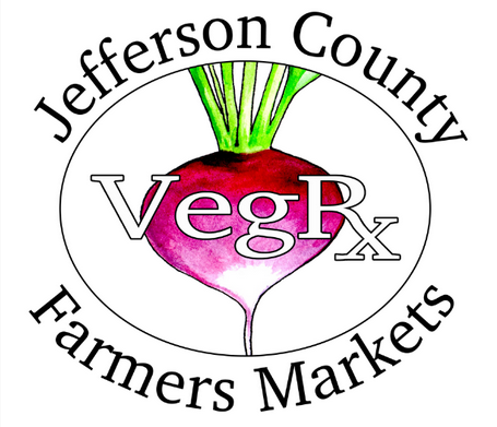 Logo for Jefferson County Farmers Markets VeqRx featuring a pink and white radish with green tops, with the text 'Jefferson County Farmers Markets' around the radish and 'VeqRx' in the center.