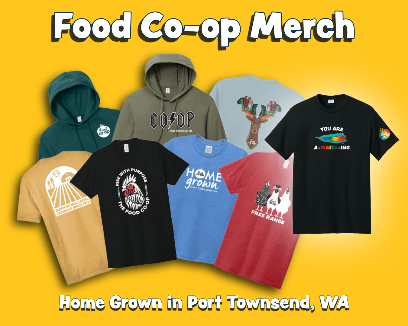 An assortment of seven clothing items featuring the Food Co-op logo and designs, including hoodies and T-shirts, with a purple background and text that reads "New Food Co-op Swag" and "Home Grown in Port Townsend, WA."