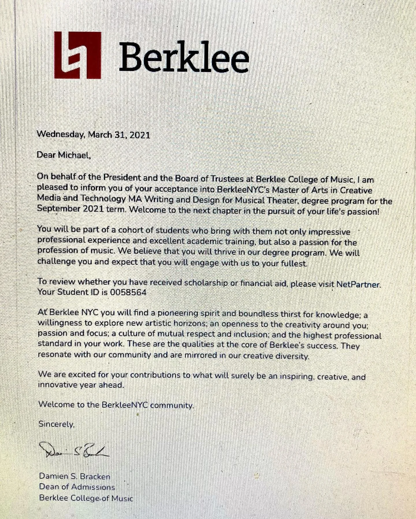 PLEASE CELEBRATE WITH ME!!

After months - no, YEARS of hard work - I found out this morning that the next chapter to my life is about to begin. 

I just received word that I have been accepted to BERKLEENYC @berkleenyc for their one year masters pro