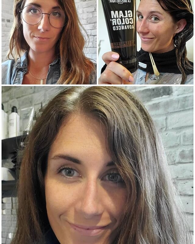 Before and after a Glam Color Hair Mask!  You can do this on your own inbetween colors to go longer. It enhances the vibrancy, shine and health of your hair.
Retails for $40 
Tones available are :
Red , Blonde, Chocolate, Espresso and Steel Grey