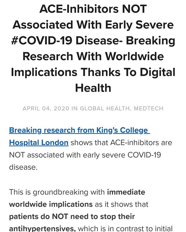 Breaking research shows ACE-inhibitors do NOT increase disease severity in early- stage #COVID19 infection. Meaning, it's SAFE for millions of people worldwide to stay on lifesaving antihypertensive medications in this class of drugs, potentially pre