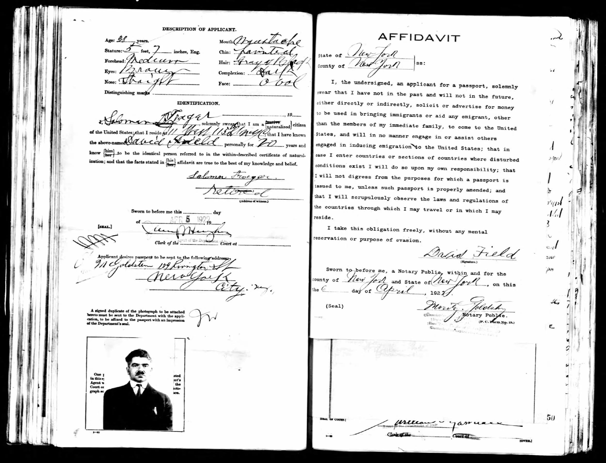 Part of David’s file for his passport application in 1922*