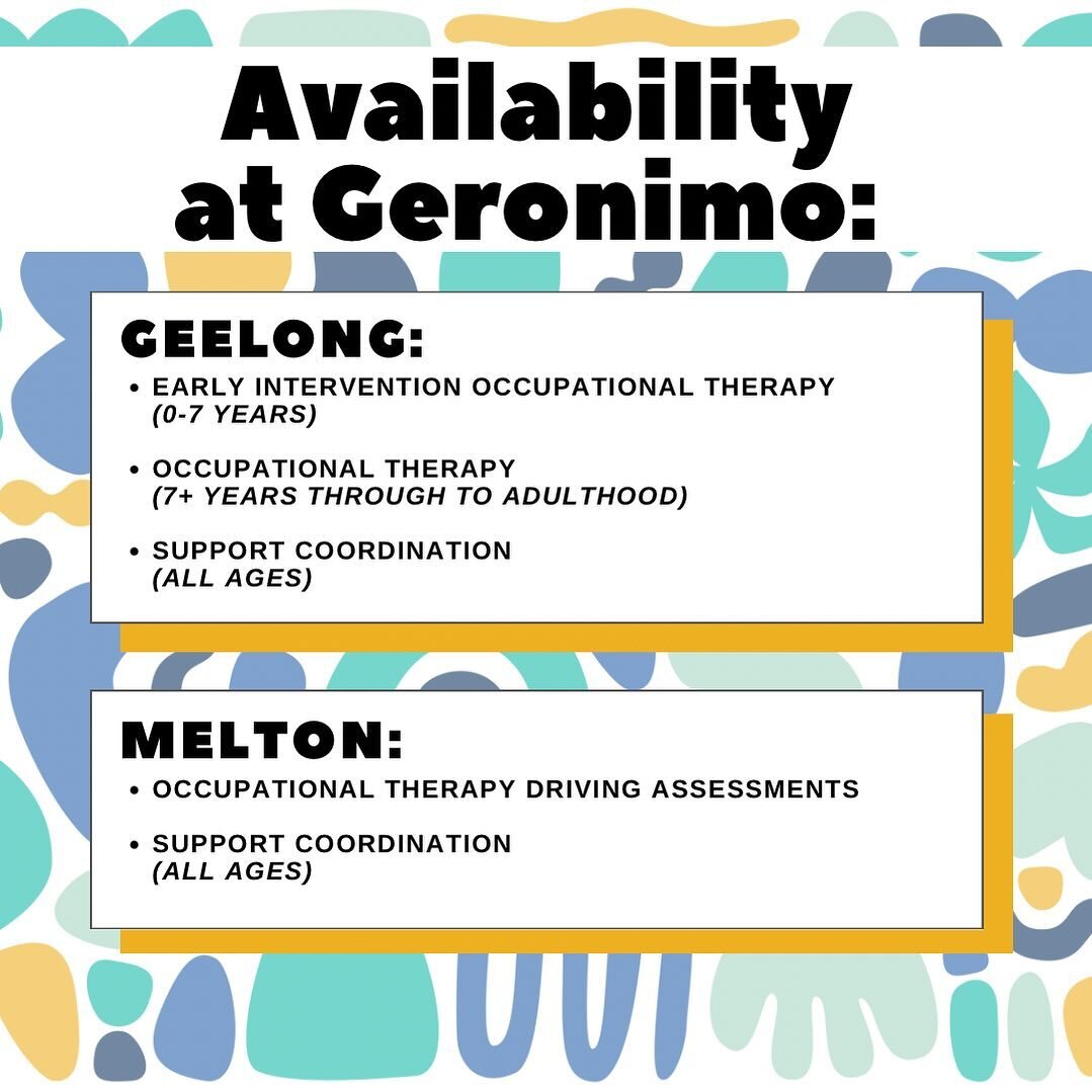 We have immediate capacity for these services at Geronimo! 

Follow the link in our bio to place a referral or call 1300 599 760 for more information! ☎️

#meltonndis #geelongoccupationaltherapy #ndis #ndisgeelong #ndisprovider #otaus